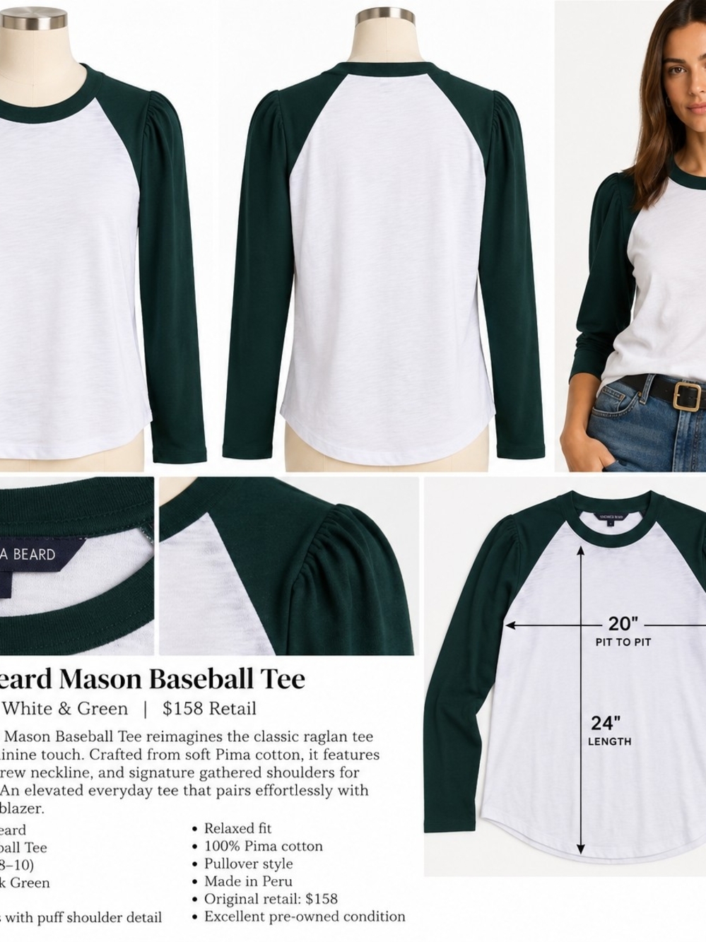 Veronica Beard Mason Baseball Tee – White & Pine – Size Medium